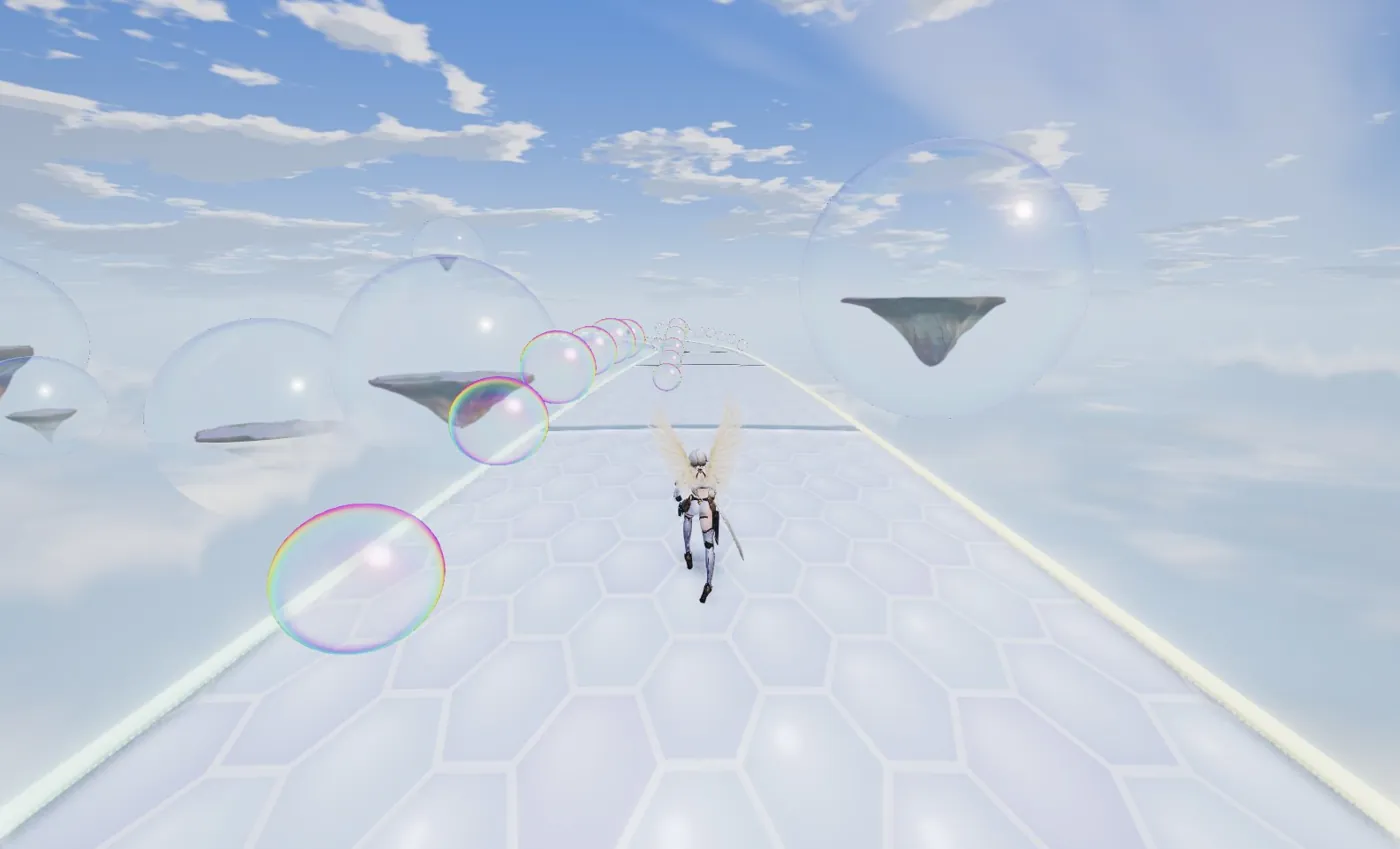 Seraph running along a pale walkway of foam through the sky, past rainbow bubbles and floating islands.