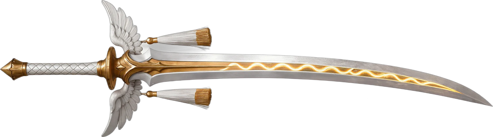 The Celestial Odachi: a long curved white blade with a glowing gold wave, a wing-shaped guard and white and gold tassels.