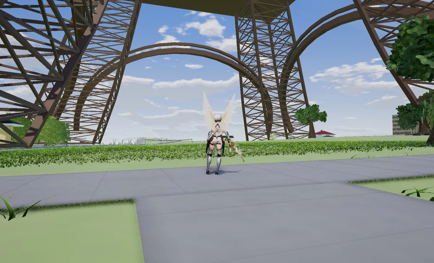 Seraph standing beneath the arches of the Eiffel Tower in Paris.